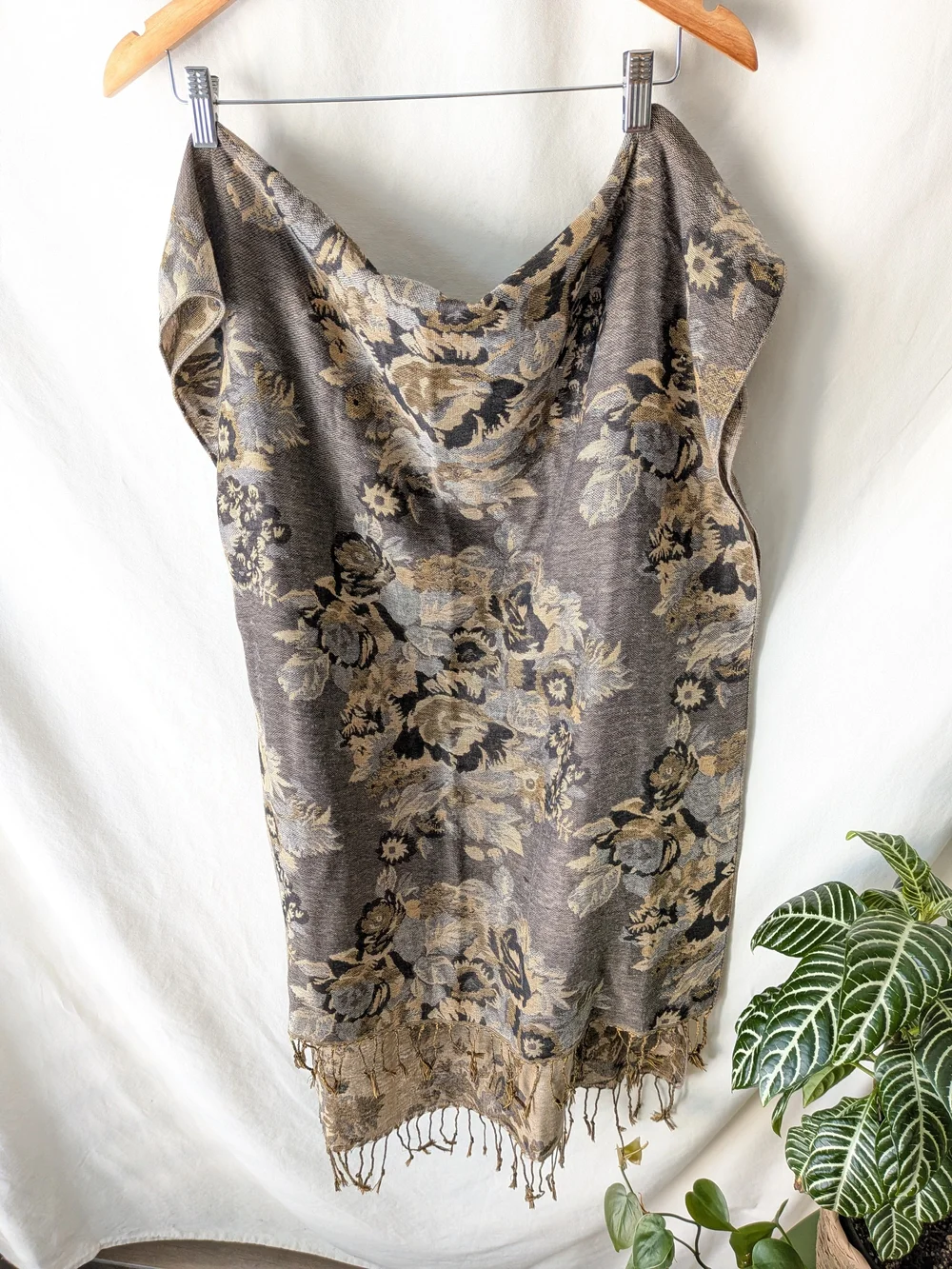 Floral Jacquard Fringe Wrap Scarf in Taupe and Black